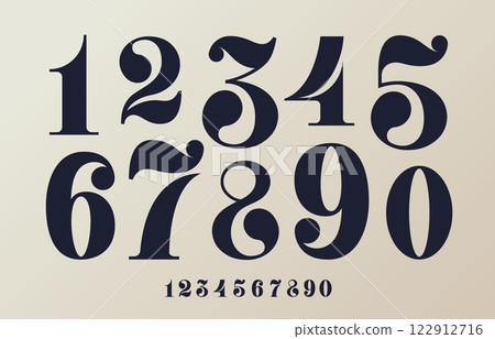 Vintage decorative numbers font from 0 to 9. Vector black numerals with elegant and intricate style, features curve ornate details. Victorian, classic, vintage digits, royal typographic numbers set 122912716