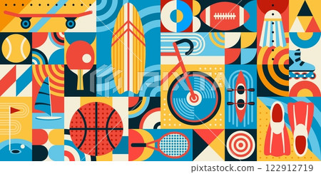 Abstract sport geometric pattern with sports equipment including skateboard, surfboard, basketball, tennis racket, golf and kayaking. Vector background with retro modern athletic or leisure aesthetics 122912719