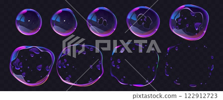 Soap bubble burst effect animated sprite sheet, game animation. Soap sphere explosion. Vector storyboard of cartoon transparent water bubbles with splash and drops. Balloons explode sequence frame Soap bubble burst effect animated sprite sheet, game animation. Soap sphere explosion. Vector storyboard of cartoon transparent water bubbles with splash and drops. Balloons explode sequence frame 122912723