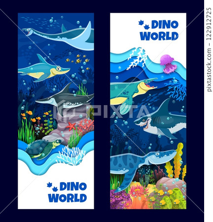 Cartoon prehistoric underwater dinosaur and reptile characters. Vector vertical banners with colorful oceanic scene. Ancient marine creatures, aquatic dino species swimming in a blue ocean environment Cartoon prehistoric underwater dinosaur and reptile characters. Vector vertical banners with colorful oceanic scene. Ancient marine creatures, aquatic dino species swimming in a blue ocean environment 122912725