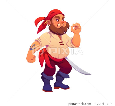 Cartoon pirate sailor or corsair captain character with sword saber, vector personage. Caribbean pirate or angry boatswain man and corsair filibuster character in bandana with golden earring 122912728