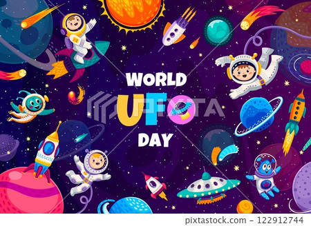 World ufo day banner, cartoon flying saucer and alien characters in outer space. Vector greeting card with kid astronauts, rockets and extraterrestrial personages, explore unknown wonders in galaxy 122912744