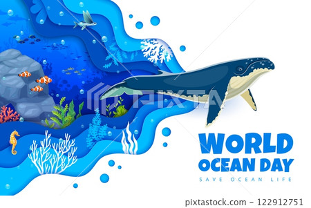 Oceans day paper cut banner with humpback whale. 3d vector save the ocean life awareness with sea animals in underwater landscape with coral reefs, fish, seaweeds. Environmental conservation campaign 122912751
