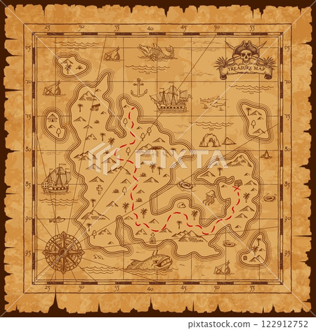 Vintage pirate treasure map. Vector worn parchment with ships, islands and land, wind rose and cardinal points. Fantasy world, grunge and torn paper, pirate map with travel locations and monsters 122912752