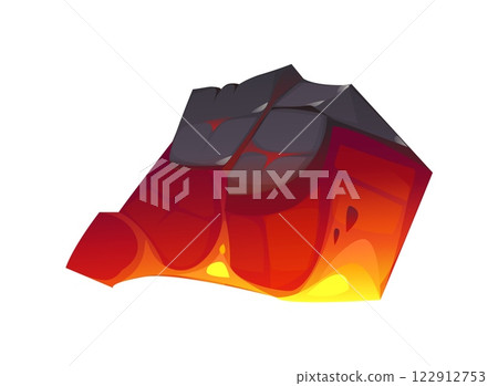 Fireplace burn fiery ember cartoon charcoal piece. Firewood hot coal piece, BBQ grill burning fuel isolated vector lump. Ablaze red ember charcoal, fireplace or bonfire burnt charcoal piece 122912753