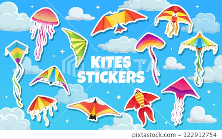V, makar sankranti festival stickers pack. Vector patches of cartoon flying toys for kids summer game play. Colorful kites stickers in shape of bird, fish and jellyfish with rainbow tails V, makar sankranti festival stickers pack. Vector patches of cartoon flying toys for kids summer game play. Colorful kites stickers in shape of bird, fish and jellyfish with rainbow tails 122912754