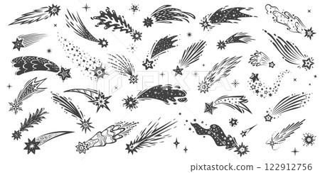Christmas starburst shooting stars, falling meteors and comets with trails and tail silhouettes. Vectors black doodle cosmic falling asteroids with traces, streaks of light, magic energy in space 122912756