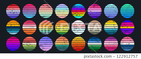 Synthwave vapor retro color gradient. Vector circular palette swatches featuring vibrant colors, horizontal stripes and distressed textures for creating vintage, retrowave, digital nostalgic art Synthwave vapor retro color gradient. Vector circular palette swatches featuring vibrant colors, horizontal stripes and distressed textures for creating vintage, retrowave, digital nostalgic art 122912757