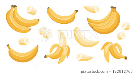 Banana set. Banana icons, half peeled and slice banana snack, bunch of bananas.Exotic sweet desserts.Tropical fruits illustration. 122912763