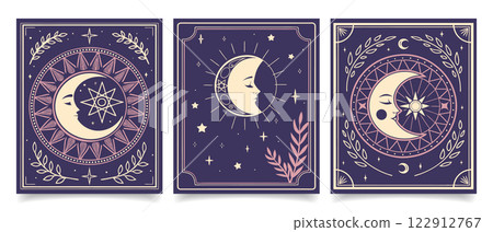 Set of cards with mystical sacred sun, moon and stars. Art prints, wall posters. Illustration 122912767