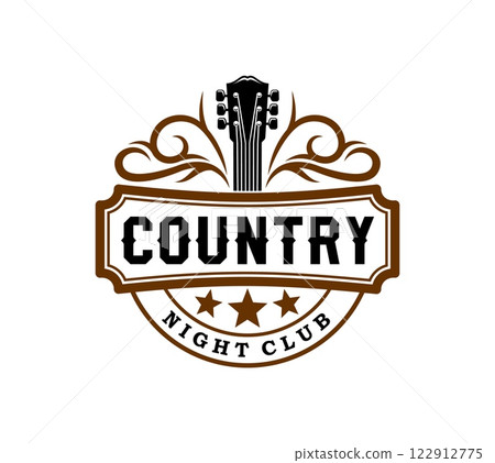 Country music night club icon or symbol. American cowboy music band badge or vector icon, western live signing concert or country musicians festival sign with vintage typography and acoustic guitar 122912775