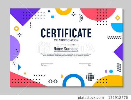 Appreciation certificate template with geometric Memphis shapes. Vector diploma, honor trophy frame with abstract figures, elements, vibrant colors, place for recipient name, date and signature 122912776