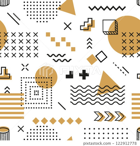 Hipster Memphis seamless pattern background with abstract geometric shapes. Vector vintage tile with golden, black and white colored figures. Trendy repeated ornament, creative wallpaper or print Hipster Memphis seamless pattern background with abstract geometric shapes. Vector vintage tile with golden, black and white colored figures. Trendy repeated ornament, creative wallpaper or print 122912778