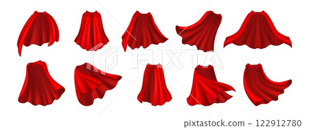 Red carnival cape, superhero coat cloak and magic hero mantle. Vector set of cartoon scarlet defender drapery, fabric or costume billow behind, embodying power, heroism, mystery, courage and adventure 122912780