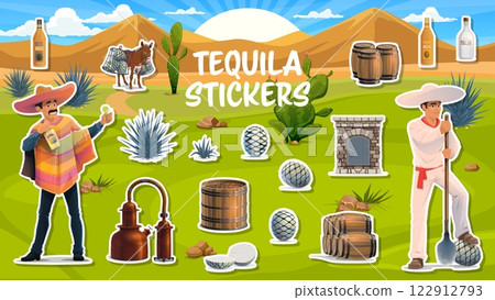 Mexican agave and tequila production stickers pack, vector mezcal alcohol drink. Cartoon donkey, agave and pinas, tahona, distillery oven, tank and copper pot still, jimador, tequila bottles, barrels Mexican agave and tequila production stickers pack, vector mezcal alcohol drink. Cartoon donkey, agave and pinas, tahona, distillery oven, tank and copper pot still, jimador, tequila bottles, barrels 122912793