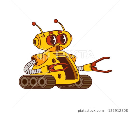 Cartoon funny groovy robot or droid character on wheels, vector robotic bot. Groovy robot or space rover with mechanic arms and grippers in retro cartoon, robotic cyborg on caterpillar track wheels 122912808
