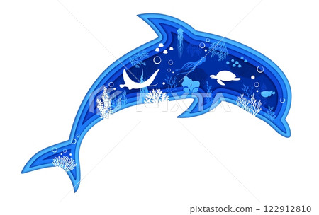 Dolphin paper cut silhouette with underwater landscape. 3d Vector frame in shape of playful ocean animal with serene and peaceful sea scene teem with aquatic vegetation and fishes in blue water depth 122912810