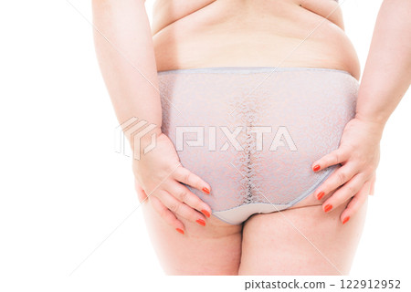 Plus size woman in lingerie back view. 122912952