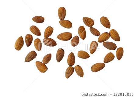 Brown almond nut seeds on a white background. Brown almond nut seeds on a white background. 122913035