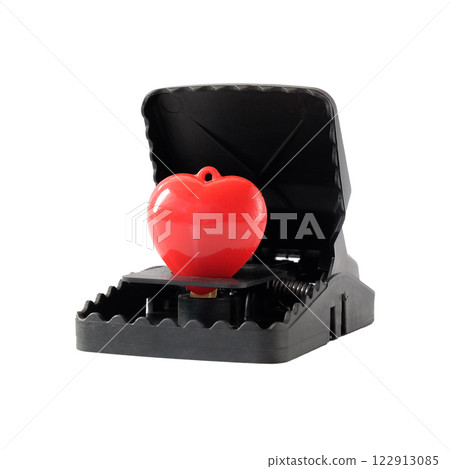 Small red heart in Plastic mouse trap, Love trap concept. 122913085