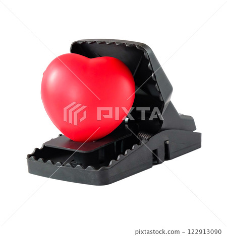 Big red heart in Plastic mouse trap, Love trap concept. 122913090