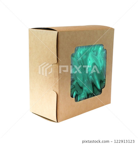 Empty brown paper box with transparent window on white. 122913123