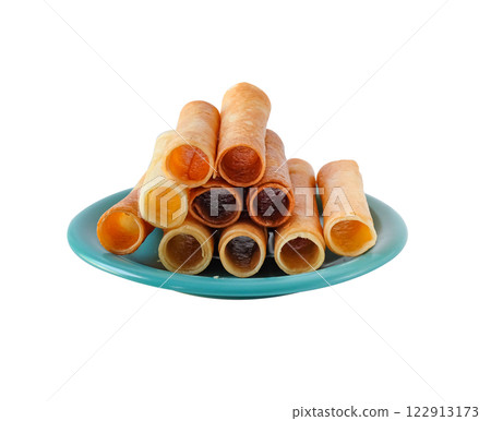 Crispy Thong Muan or Crispy coconut roll dessert is a kind of Thai sweetmeat. Crispy Thong Muan or Crispy coconut roll dessert is a kind of Thai sweetmeat. 122913173