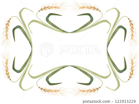 Rectangular frame of field grasses, cereals, ears and leaves. Decor for graphic design, printing and packaging. Isolated hand-drawn watercolor illustration. 122913229