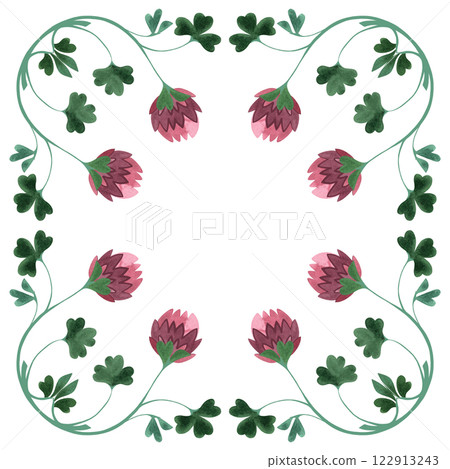 Square frame of wild clover and shamrocks. Decor for graphic design, printing and packaging. Isolated hand-drawn watercolor illustration. 122913243