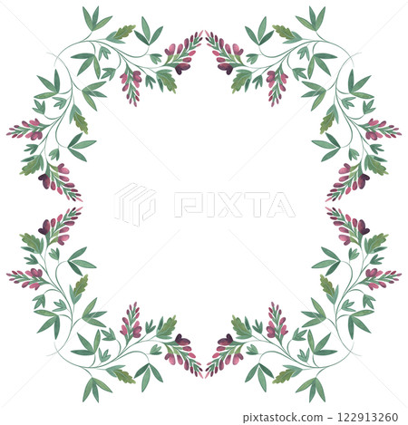 Square frame of wild herbs, flowers and leaves. Decor for graphic design, printing and packaging. Isolated hand-drawn watercolor illustration. Square frame of wild herbs, flowers and leaves. Decor for graphic design, printing and packaging. Isolated hand-drawn watercolor illustration. 122913260