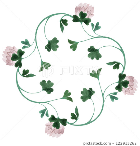 Wreath of wild clover and shamrocks. Decor for graphic design, printing and packaging. Isolated hand-drawn watercolor illustration. 122913262