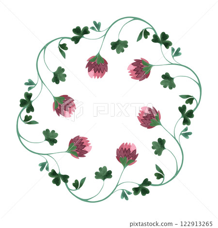 Wreath of wild clover and shamrocks. Decor for graphic design, printing and packaging. Isolated hand-drawn watercolor illustration. Wreath of wild clover and shamrocks. Decor for graphic design, printing and packaging. Isolated hand-drawn watercolor illustration. 122913265