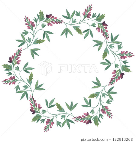 Round wreath of wild herbs, flowers and leaves. Decor for graphic design, printing and packaging. Isolated hand-drawn watercolor illustration. Round wreath of wild herbs, flowers and leaves. Decor for graphic design, printing and packaging. Isolated hand-drawn watercolor illustration. 122913268