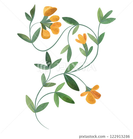Field grass for cattle feeding. Lyadvinets. Green branch with yellow flowers. Watercolor isolated illustration. 122913286
