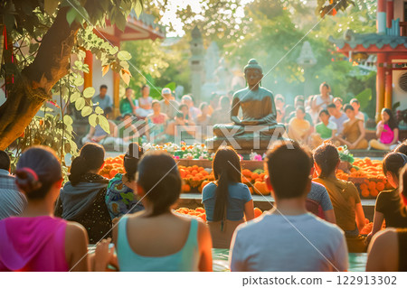 Bodhi Day celebration with people gathered together 122913302