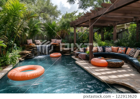 Luxurious backyard with swimming pool, waterfall and pergola 122913620