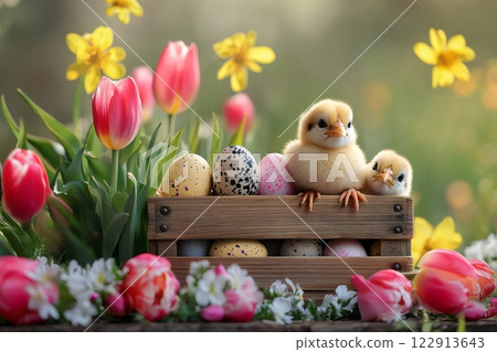 Two cute chicks sitting on wooden crate full of easter eggs surrounded by colorful tulips and spring flowers 122913643