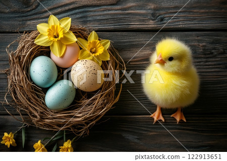 Cute chick standing near easter nest with colorful eggs and daffodils on rustic wood Cute chick standing near easter nest with colorful eggs and daffodils on rustic wood 122913651