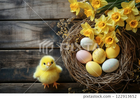 Cute yellow chick standing near easter nest with colorful eggs and daffodils on rustic wooden background Cute yellow chick standing near easter nest with colorful eggs and daffodils on rustic wooden background 122913652