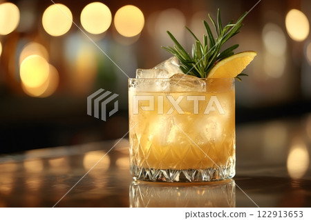 Refreshing whiskey cocktail with ice, rosemary and orange slice sitting on bar counter Refreshing whiskey cocktail with ice, rosemary and orange slice sitting on bar counter 122913653