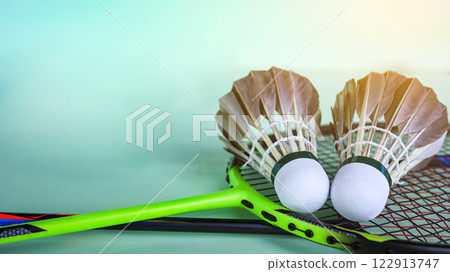 Dark colored shuttlecock and badminton racket placed on green background, an active sport. 122913747