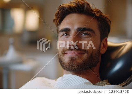 Patient smiling while sitting on dentist chair during medical consultation 122913768