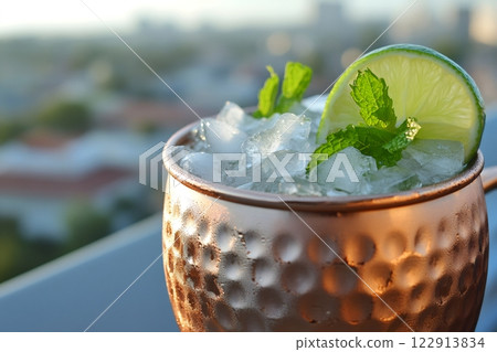 Refreshing copper mug cocktail with ice, lime and mint leaves on rooftop bar 122913834
