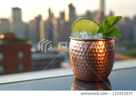 Moscow mule cocktail is served in copper mug with crushed ice, mint and lime, enjoying New York City sunset view 122913835