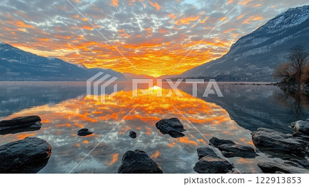 Burning sunrise reflecting over calm lake with rocks and mountains Burning sunrise reflecting over calm lake with rocks and mountains 122913853