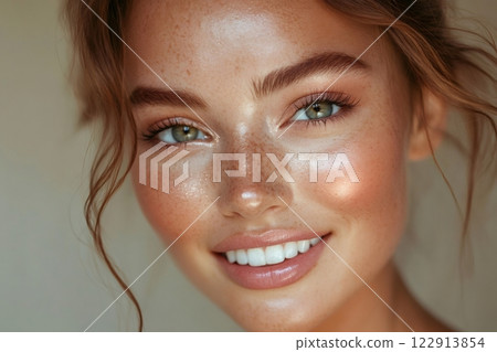 Beautiful woman with perfect smile and freckles is showing glowing skin 122913854