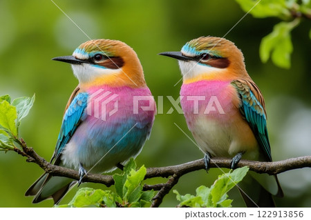 Couple of lilac-breasted rollers showing their beautiful colors in nature 122913856