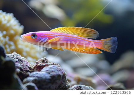 Colorful purple and orange fish swimming in coral reef aquarium 122913866