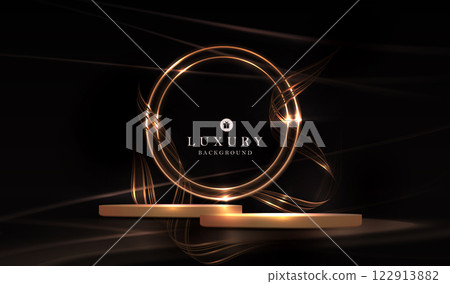 Composition with a podium and a round frame in gold tones with wavy ribbons 122913882