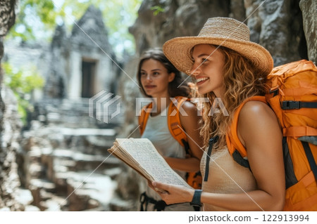 Tourists exploring ancient ruins with map in Angkor Wat, Cambodia 122913994